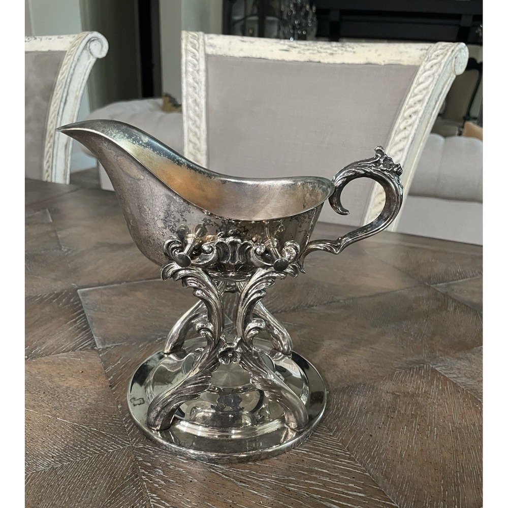 Vintage Ornate Silver Plate Gravy Boat Server Pedestal‎ With Warming Stand